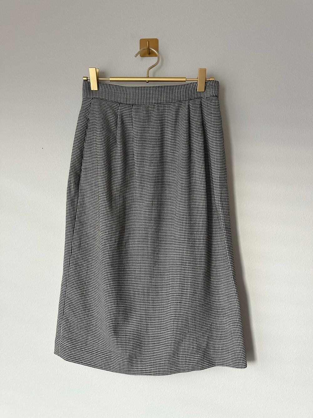 Vintage Black & White Houndstooth Wool Midi Skirt | High Waist Tailored Classic0